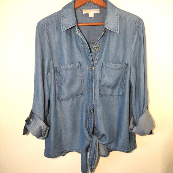 Michael Kors Tops - MICHAEL KORS Women's Tie Front Roll Tab Sleeve Button Up Denim Shirt Size 2